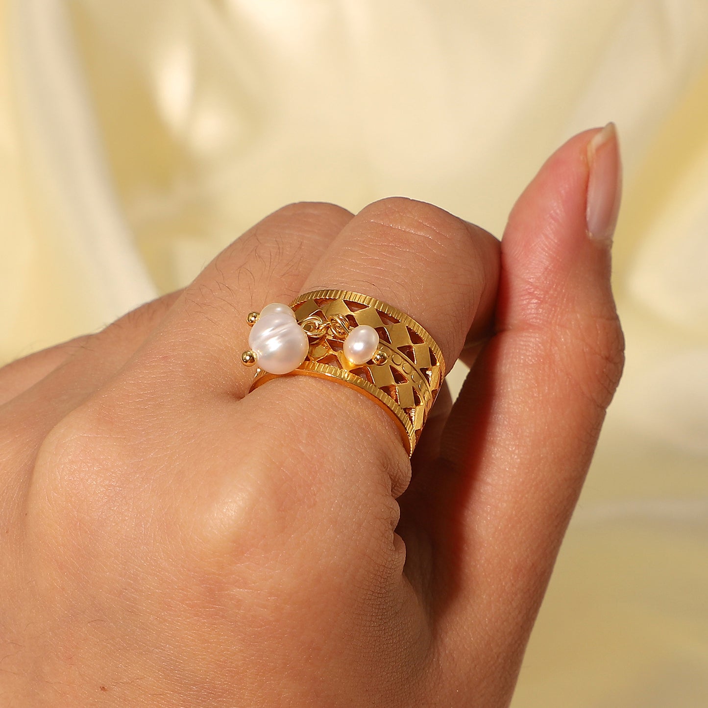Gold Pearl Stainless Steel Ring