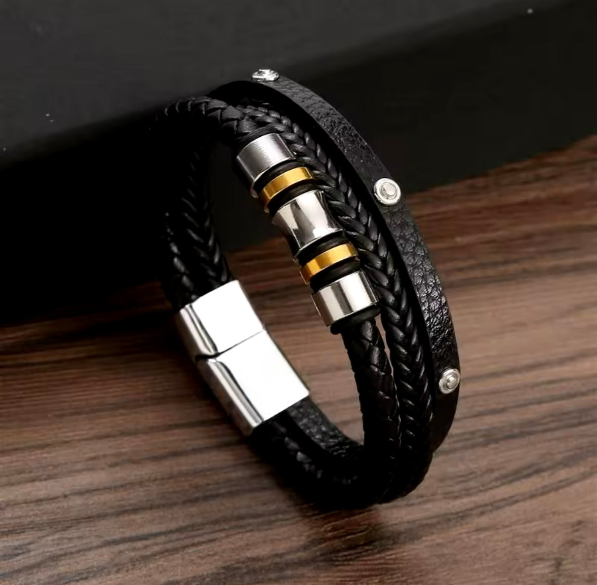 Saturn Black Leather Stainless Steel Bracelet