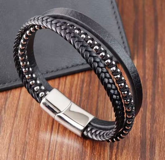 Onyx 2 Black Leather Stainless Steel Bracelet