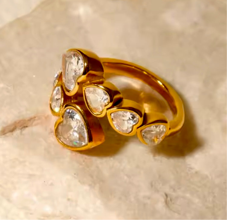 Crystal Hearts Stainless Steel Ring