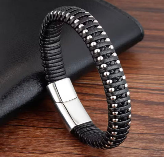 Ink Black Leather Stainless Steel Bracelet