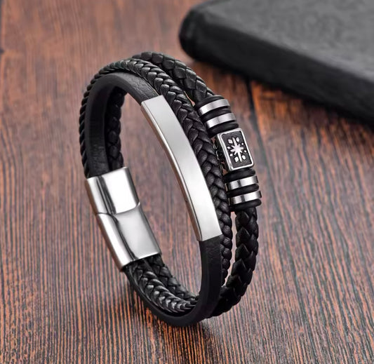 Onyx Black Leather Stainless Steel Bracelet