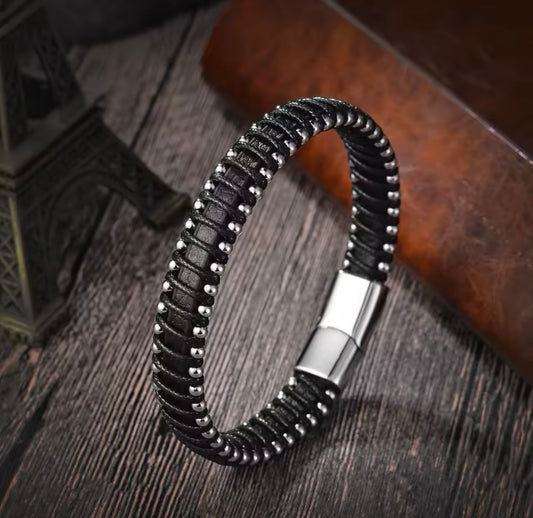 Ink 2 Black Leather Stainless Steel Bracelet