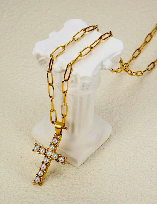 Pearl Cross Stainless Steel Necklace