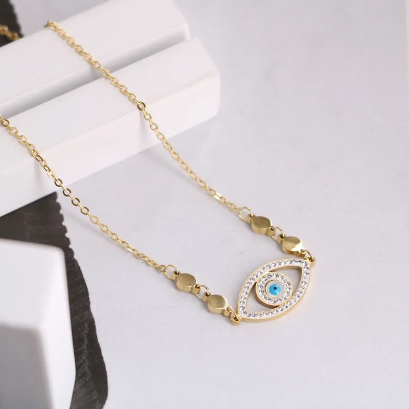 Crystal Blue Eye Titanium Necklace