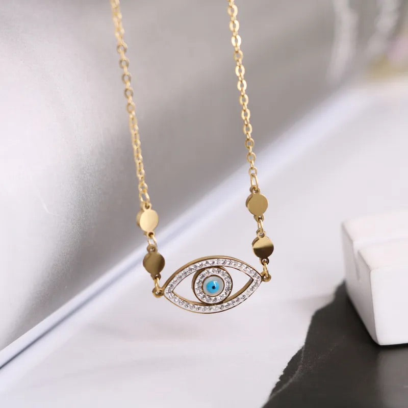 Crystal Blue Eye Titanium Necklace